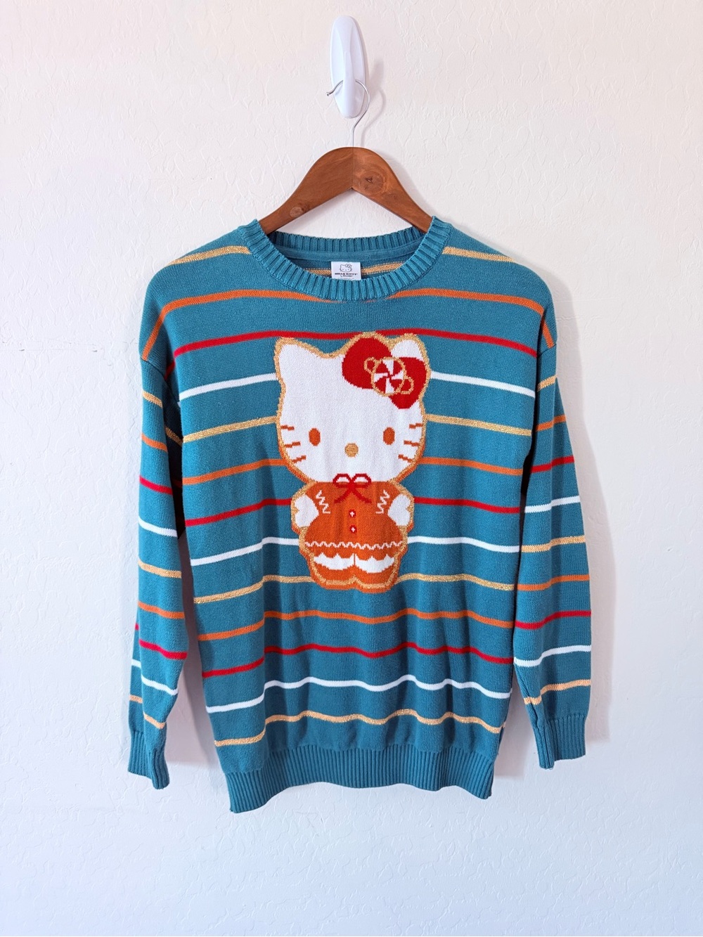 Hello Kitty Gingerbread Striped Sweater XL Green Knit Sanrio Crewneck Holiday